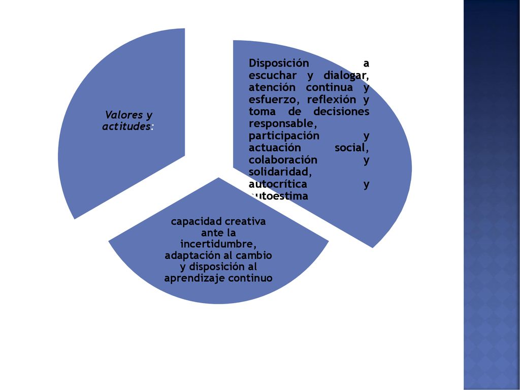 Disposición a escuchar y dialogar, atención continua y esfuerzo, reflexión y toma de decisiones responsable, participación y actuación social, colaboración y solidaridad, autocrítica y autoestima
