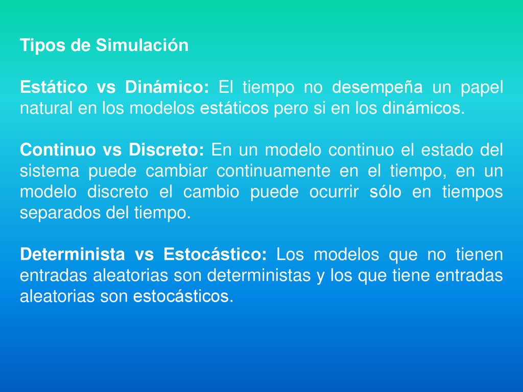 Tipos de Simulación Estático vs Dinámico: El tiempo no desempeña un papel natural en los modelos estáticos pero si en los dinámicos.