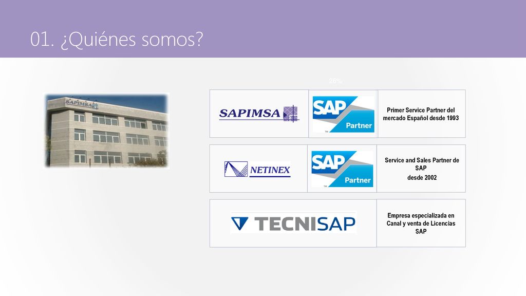 01. ¿Quiénes somos 26% Empresa especializada en Canal y venta de Licencias SAP. Service and Sales Partner de SAP.