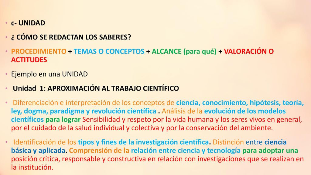 c- UNIDAD ¿ CÓMO SE REDACTAN LOS SABERES PROCEDIMIENTO + TEMAS O CONCEPTOS + ALCANCE (para qué) + VALORACIÓN O ACTITUDES.