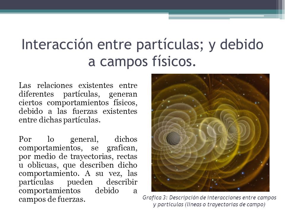 Interacción entre partículas; y debido a campos físicos.