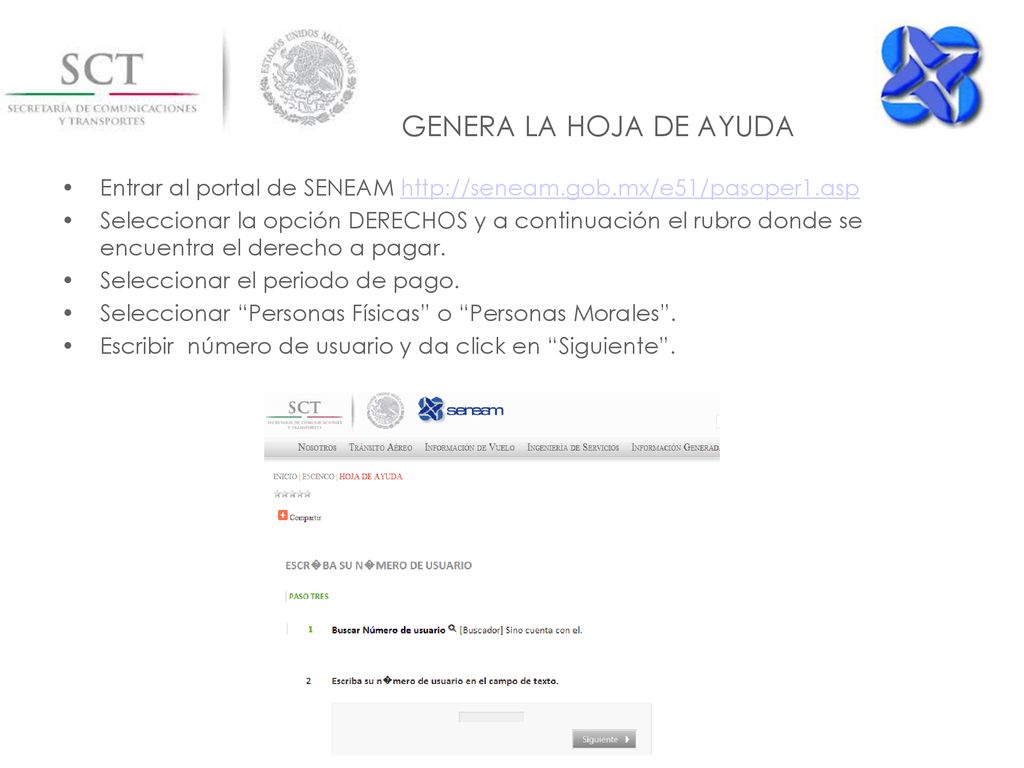 GENERA LA HOJA DE AYUDA Entrar al portal de SENEAM