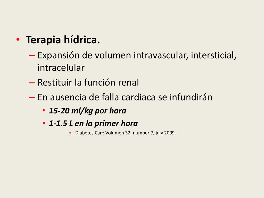 Terapia hídrica. Expansión de volumen intravascular, intersticial, intracelular. Restituir la función renal.
