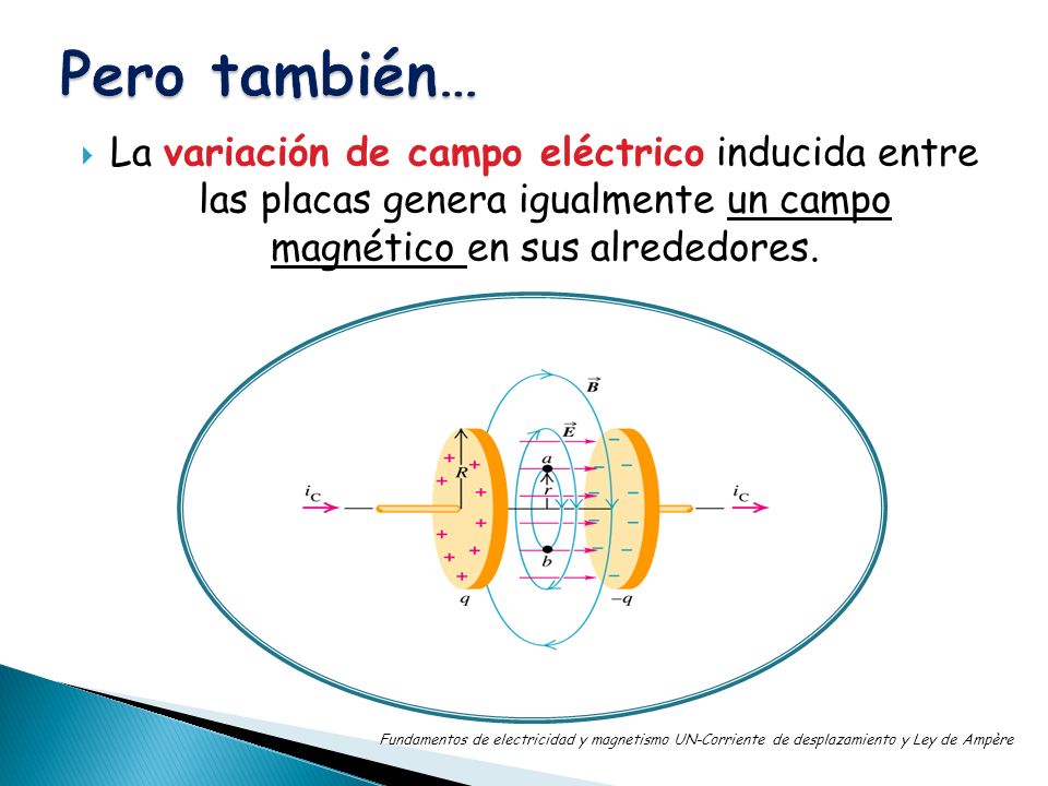Pero también… La variación de campo eléctrico inducida entre las placas genera igualmente un campo magnético en sus alrededores.