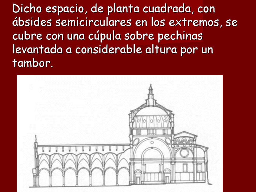 Dicho espacio, de planta cuadrada, con ábsides semicirculares en los extremos, se cubre con una cúpula sobre pechinas levantada a considerable altura por un tambor.