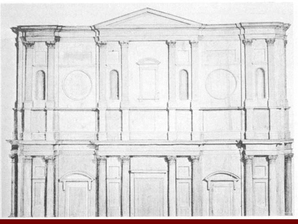 Su proyecto, que no se convirtió en realidad y sólo conocemos por dibujos y una maqueta, fue concebida como escaparate de posibles esculturas y relieves, y es más bien una pantalla que se desentiende de la organización interior basilical.