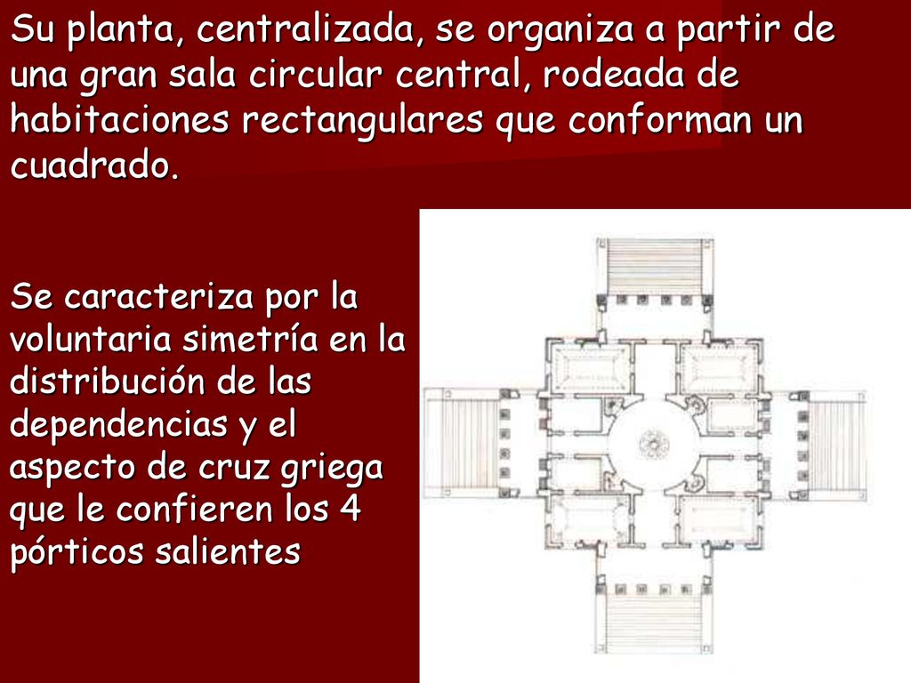 Su planta, centralizada, se organiza a partir de una gran sala circular central, rodeada de habitaciones rectangulares que conforman un cuadrado.