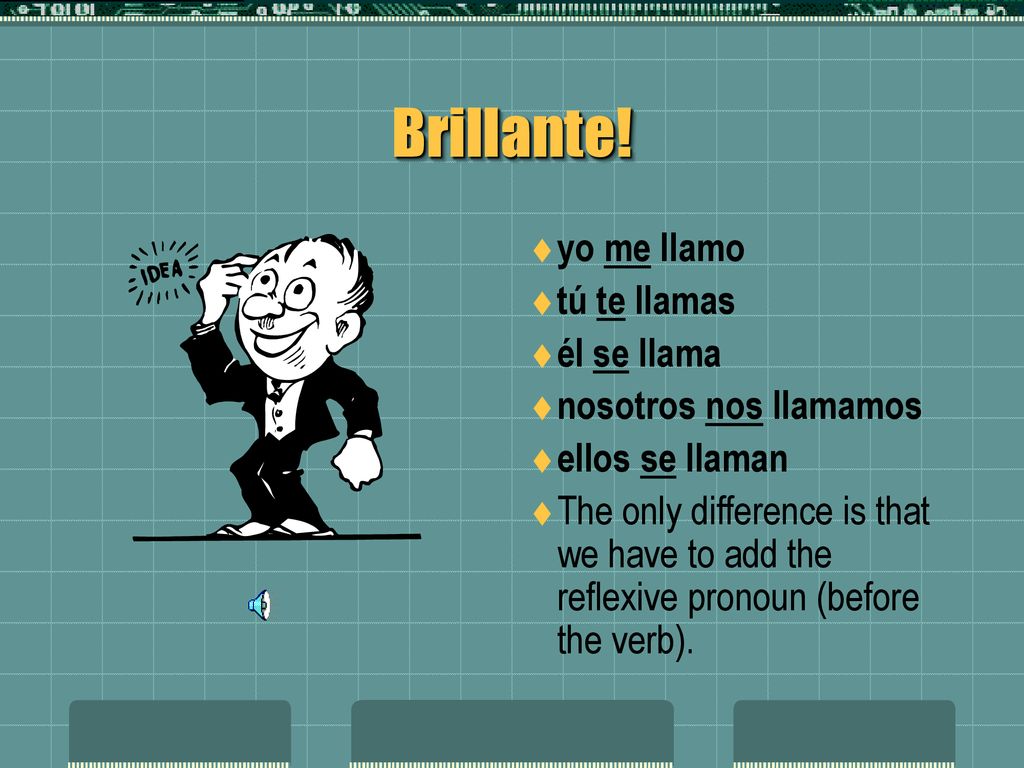 Brillante! yo me llamo tú te llamas él se llama nosotros nos llamamos