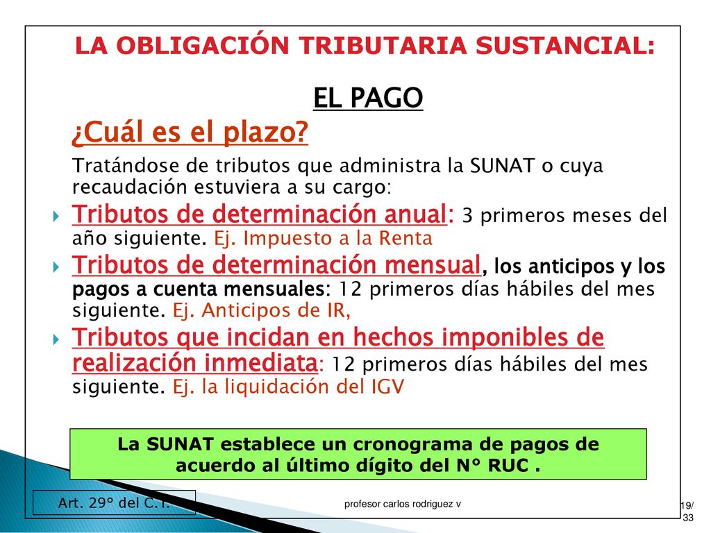 ¿Cuál es el plazo EL PAGO LA OBLIGACIÓN TRIBUTARIA SUSTANCIAL: