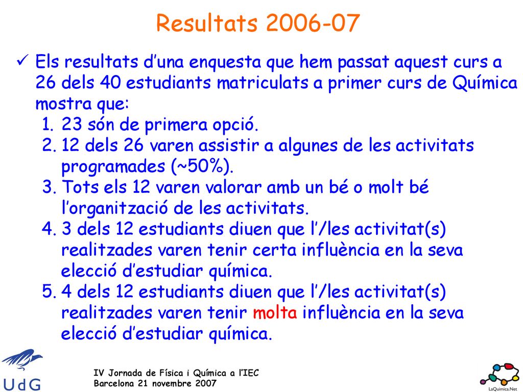 Resultats Els resultats d’una enquesta que hem passat aquest curs a 26 dels 40 estudiants matriculats a primer curs de Química mostra que: