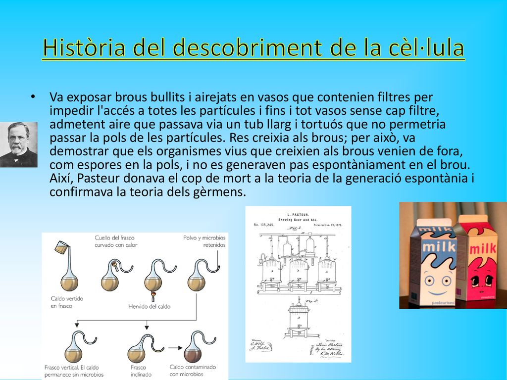Va exposar brous bullits i airejats en vasos que contenien filtres per impedir l accés a totes les partícules i fins i tot vasos sense cap filtre, admetent aire que passava via un tub llarg i tortuós que no permetria passar la pols de les partícules.