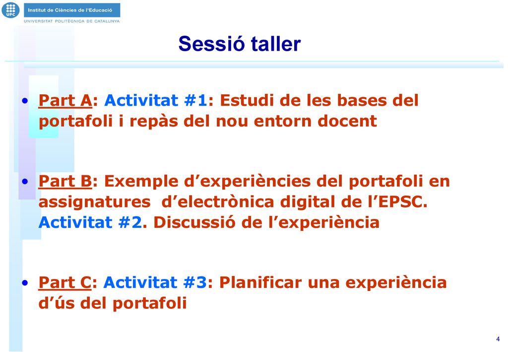 Sessió taller Part A: Activitat #1: Estudi de les bases del portafoli i repàs del nou entorn docent.