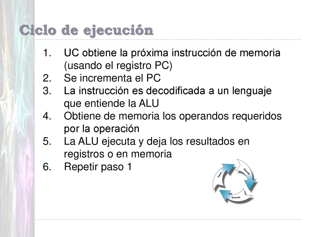 Ciclo de ejecución UC obtiene la próxima instrucción de memoria (usando el registro PC) Se incrementa el PC.