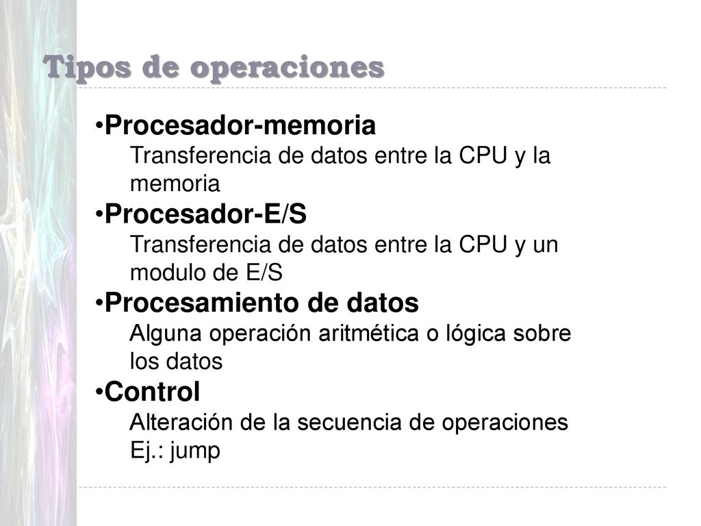 Tipos de operaciones Procesador-memoria Procesador-E/S
