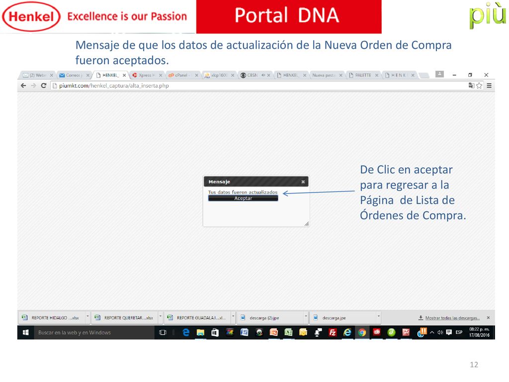 Mensaje de que los datos de actualización de la Nueva Orden de Compra fueron aceptados.