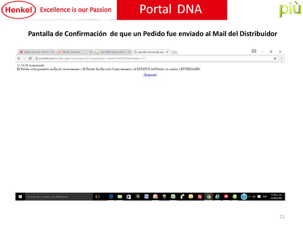 Pantalla de Confirmación de que un Pedido fue enviado al Mail del Distribuidor