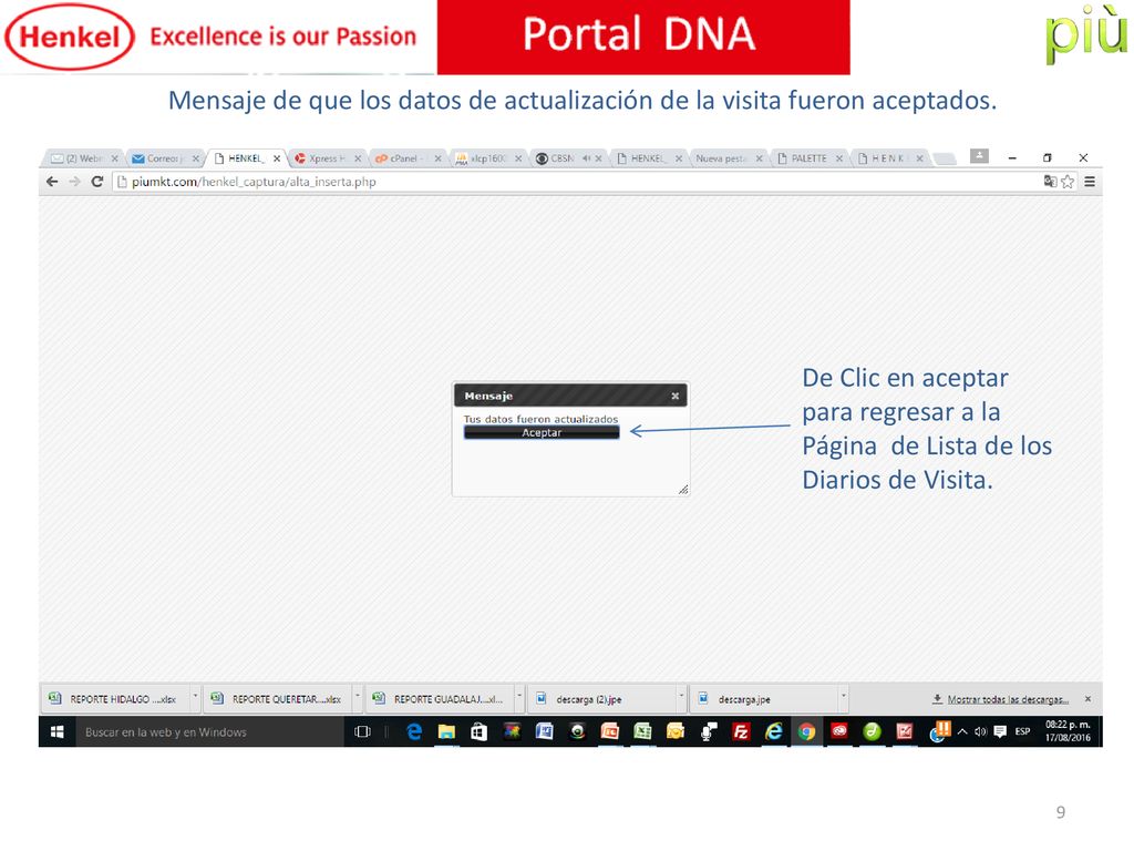 Mensaje de que los datos de actualización de la visita fueron aceptados.