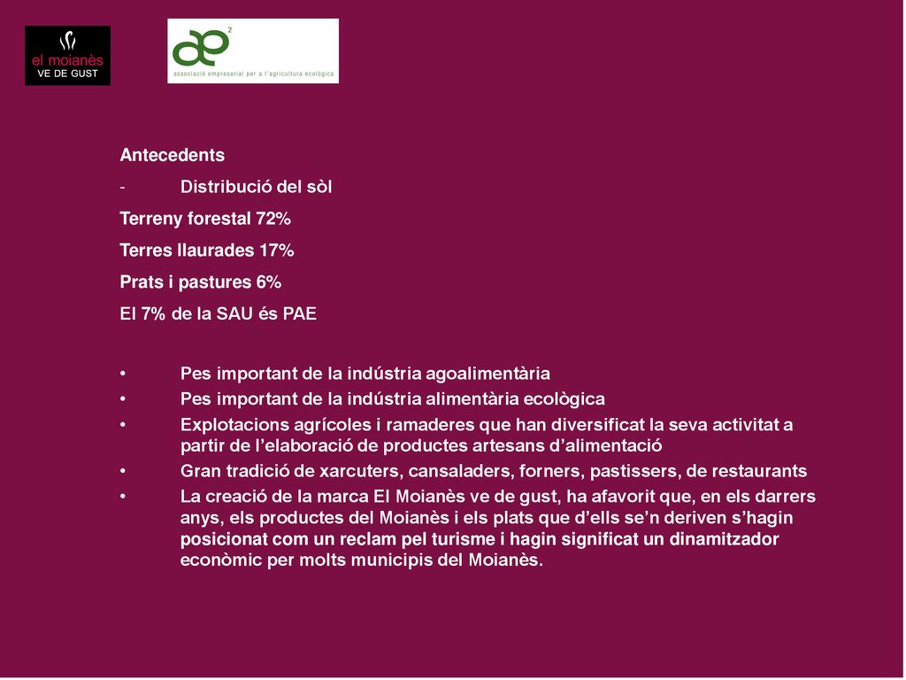 Antecedents Distribució del sòl. Terreny forestal 72% Terres llaurades 17% Prats i pastures 6% El 7% de la SAU és PAE.