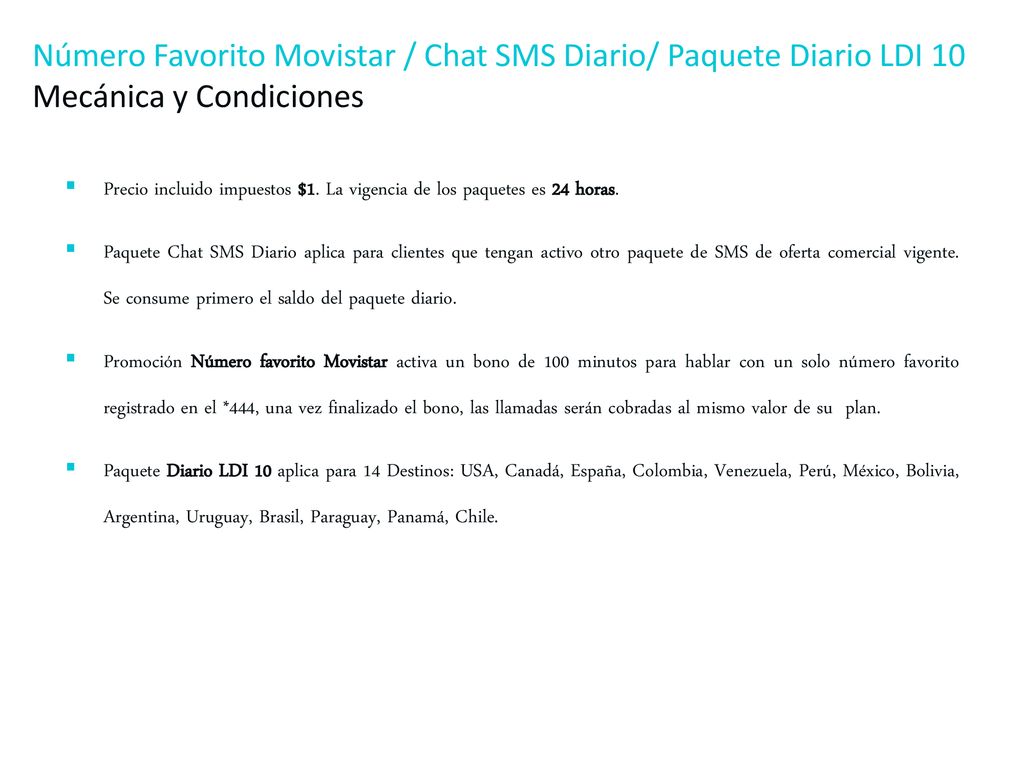 Número Favorito Movistar / Chat SMS Diario/ Paquete Diario LDI 10