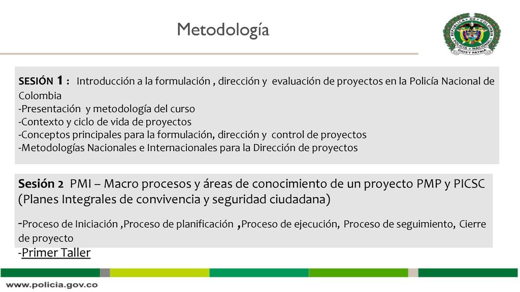 Metodología SESIÓN 1 : Introducción a la formulación , dirección y evaluación de proyectos en la Policía Nacional de Colombia.