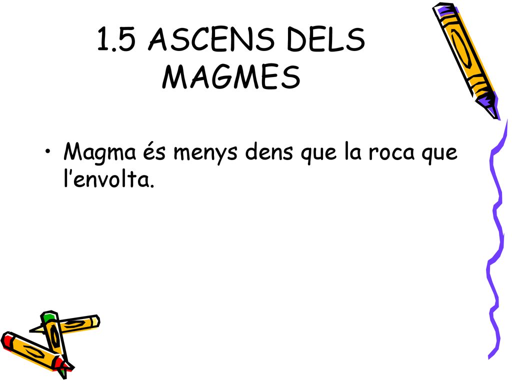 1.5 ASCENS DELS MAGMES Magma és menys dens que la roca que l’envolta.
