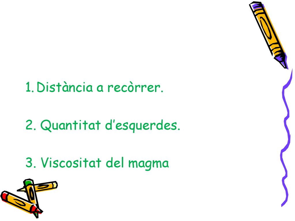 Distància a recòrrer. 2. Quantitat d’esquerdes. 3. Viscositat del magma
