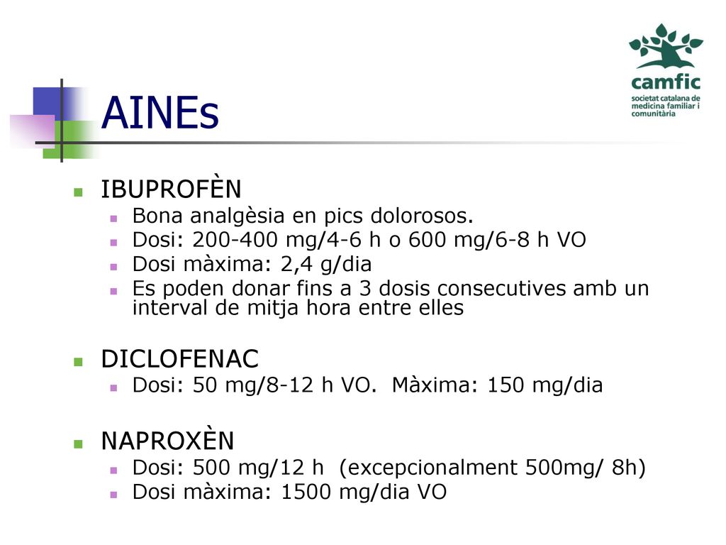 AINEs IBUPROFÈN DICLOFENAC NAPROXÈN Bona analgèsia en pics dolorosos.