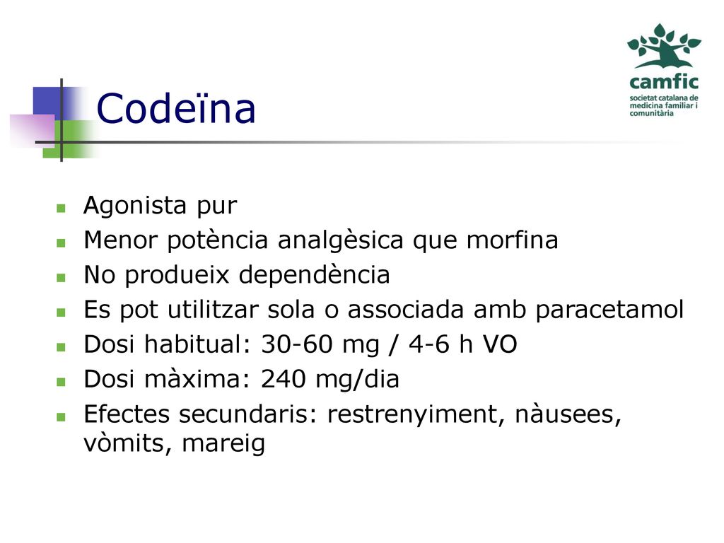 Codeïna Agonista pur Menor potència analgèsica que morfina