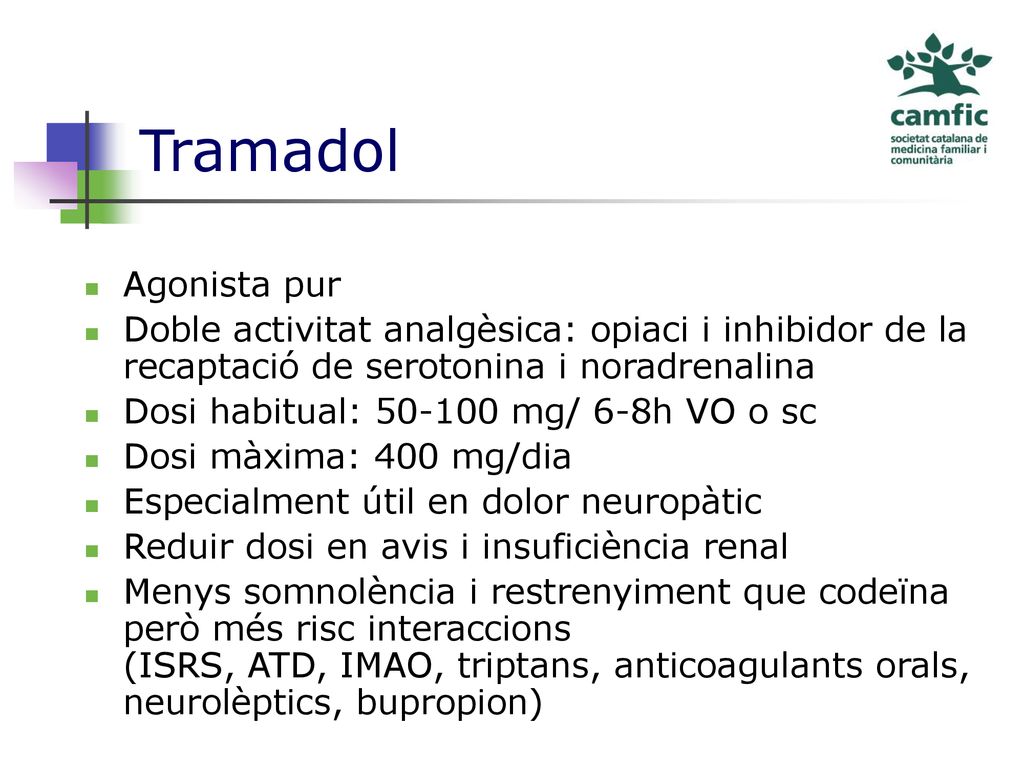 Tramadol Agonista pur. Doble activitat analgèsica: opiaci i inhibidor de la recaptació de serotonina i noradrenalina.