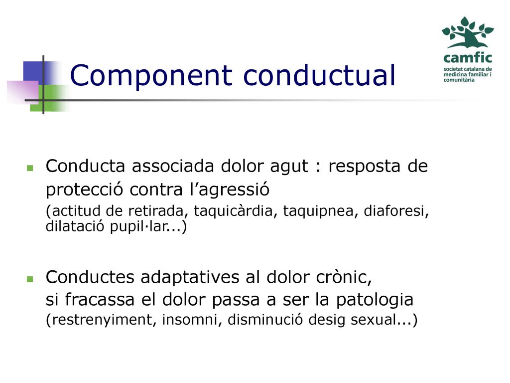 Component conductual Conducta associada dolor agut : resposta de protecció contra l’agressió.