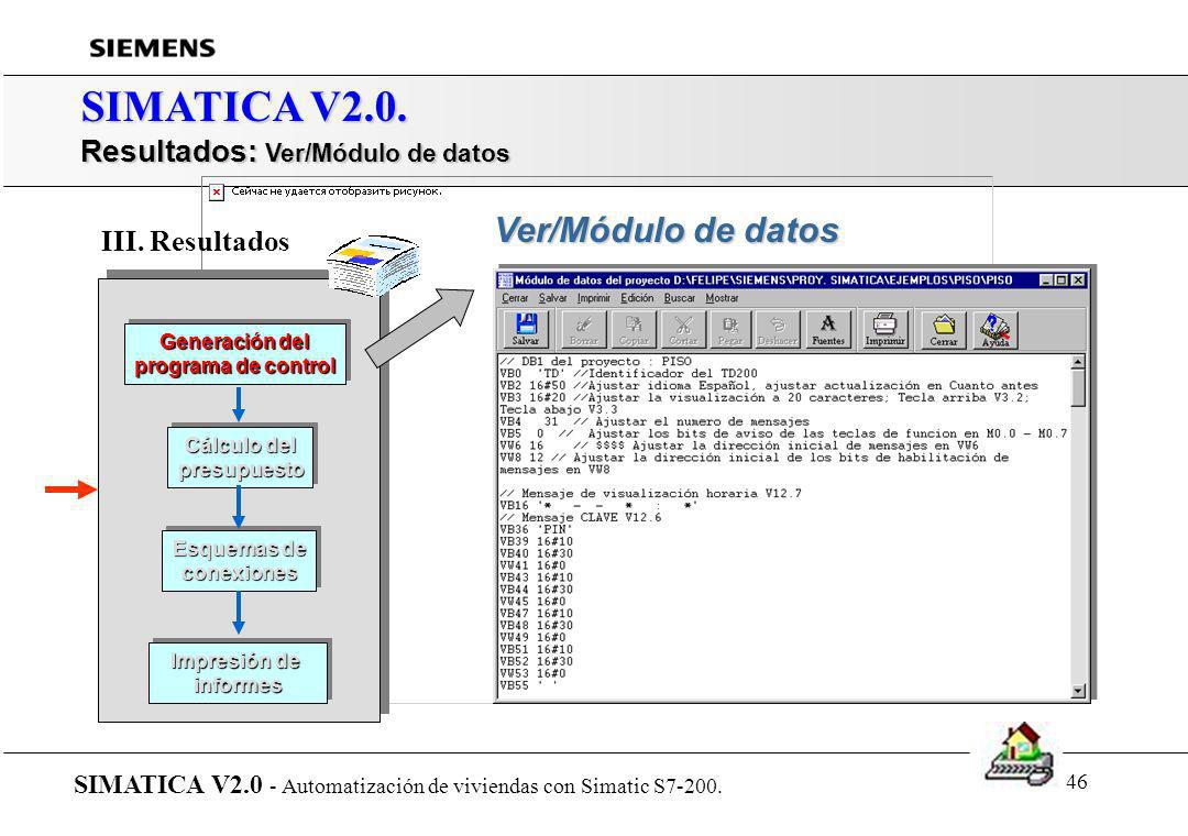 SIMATICA V2.0. Resultados: Ver/Módulo de datos Ver/Módulo de datos
