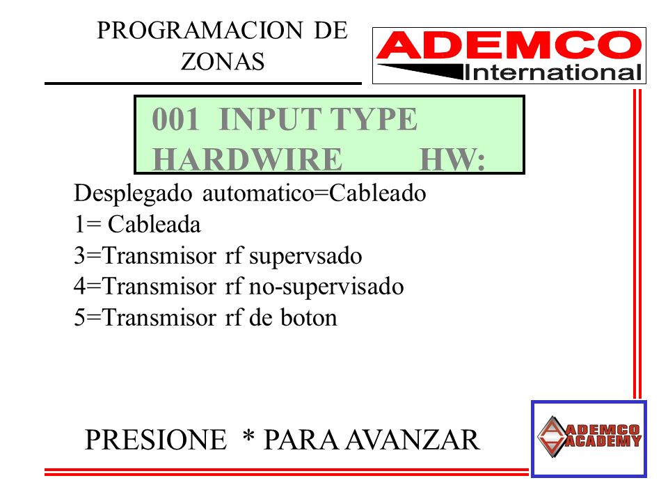 001 INPUT TYPE HARDWIRE HW: PRESIONE * PARA AVANZAR