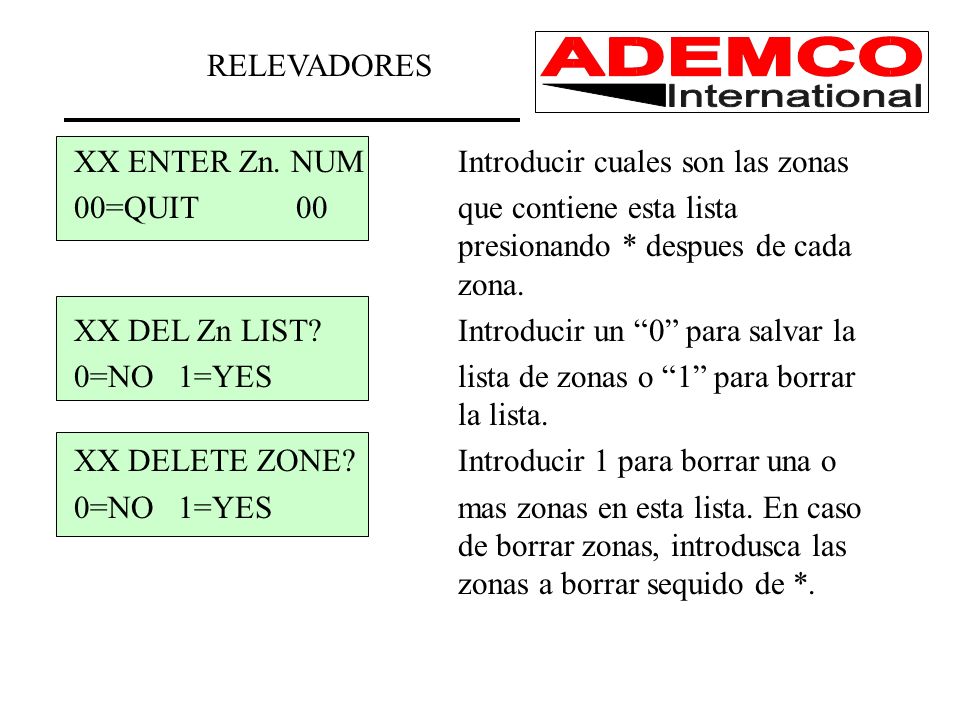 RELEVADORES XX ENTER Zn. NUM Introducir cuales son las zonas.