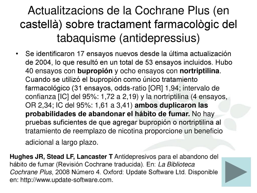 Actualitzacions de la Cochrane Plus (en castellà) sobre tractament farmacològic del tabaquisme (antidepressius)