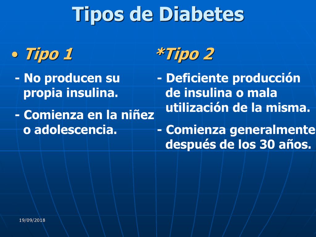Tipos de Diabetes Tipo 1 *Tipo 2 - No producen su propia insulina.
