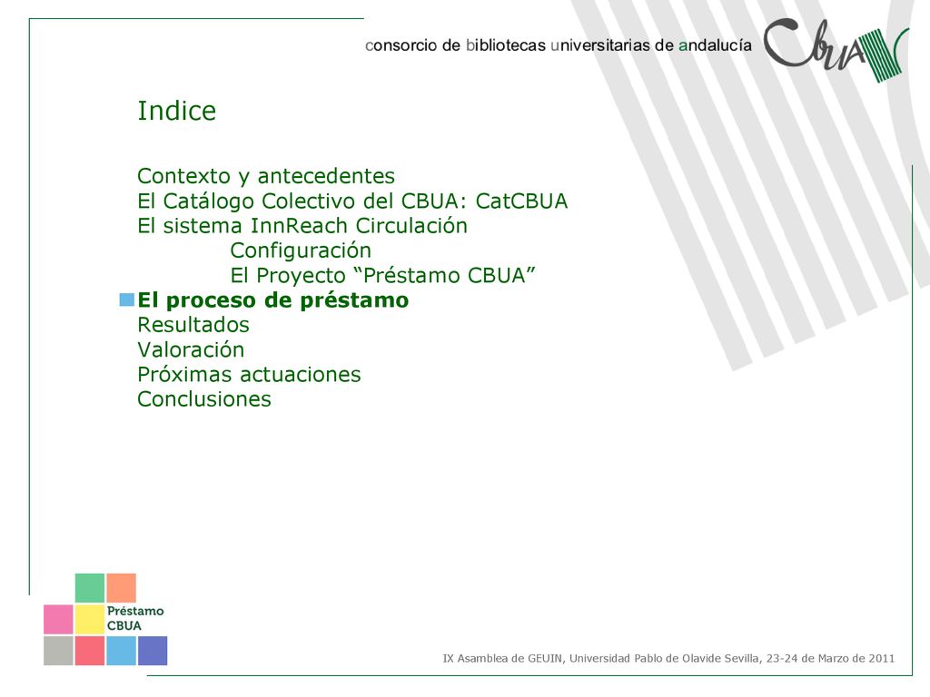 Indice Contexto y antecedentes El Catálogo Colectivo del CBUA: CatCBUA El sistema InnReach Circulación Configuración El Proyecto Préstamo CBUA El proceso de préstamo Resultados Valoración Próximas actuaciones Conclusiones