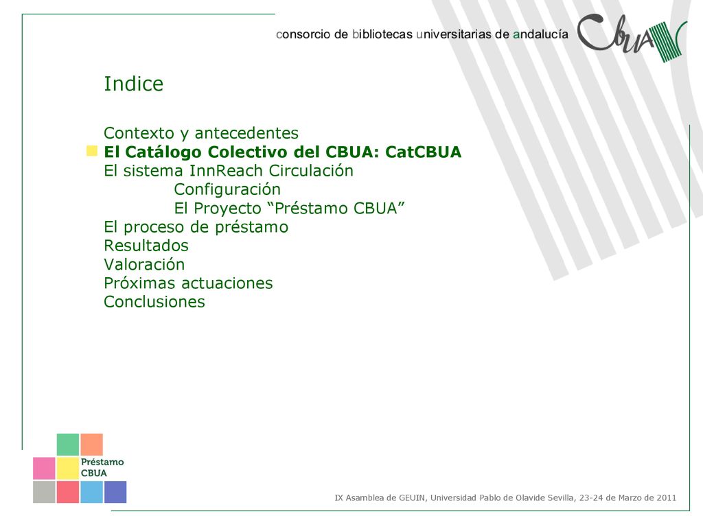 Indice Contexto y antecedentes El Catálogo Colectivo del CBUA: CatCBUA El sistema InnReach Circulación Configuración El Proyecto Préstamo CBUA El proceso de préstamo Resultados Valoración Próximas actuaciones Conclusiones
