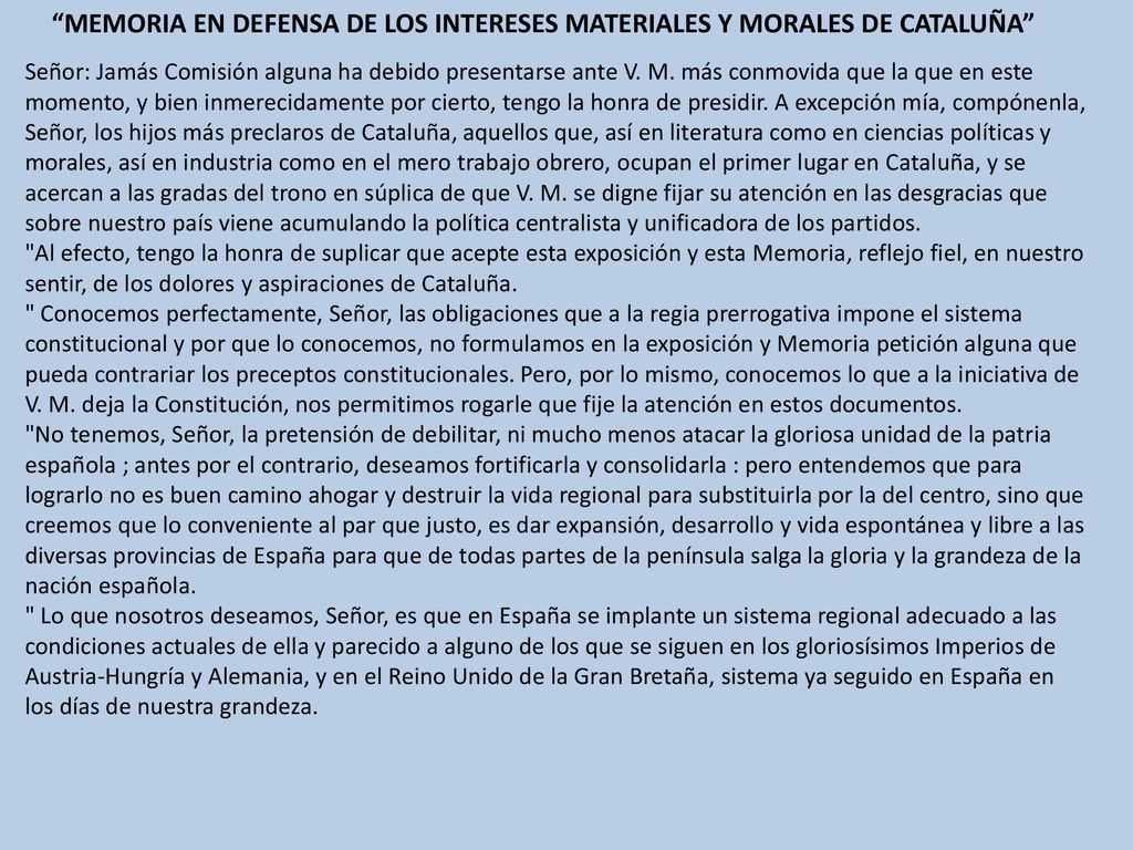 MEMORIA EN DEFENSA DE LOS INTERESES MATERIALES Y MORALES DE CATALUÑA