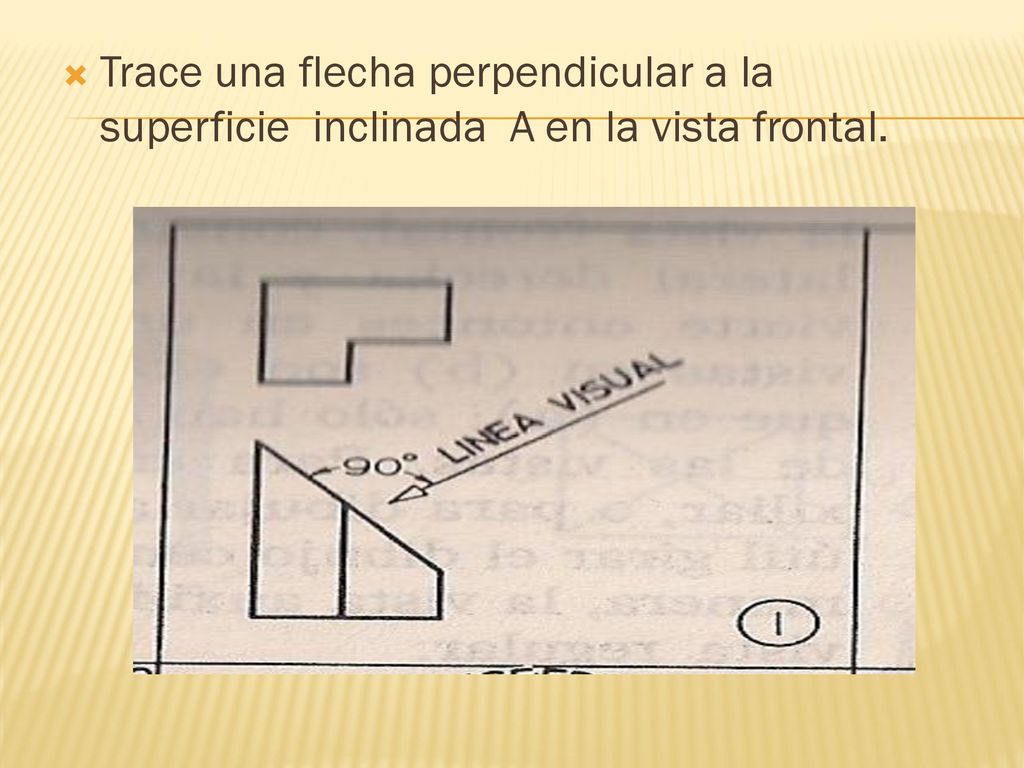 Trace una flecha perpendicular a la superficie inclinada A en la vista frontal.