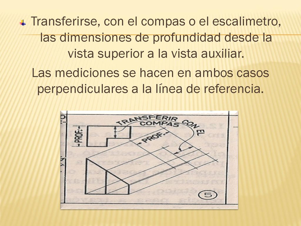 Transferirse, con el compas o el escalimetro, las dimensiones de profundidad desde la vista superior a la vista auxiliar.