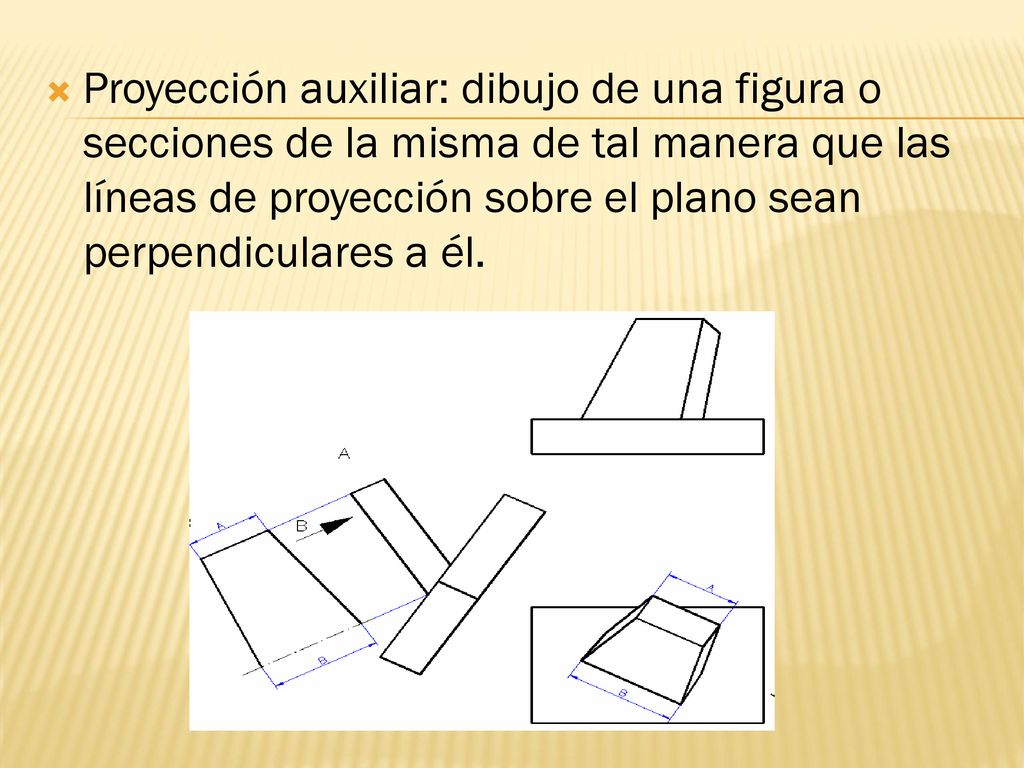 Proyección auxiliar: dibujo de una figura o secciones de la misma de tal manera que las líneas de proyección sobre el plano sean perpendiculares a él.