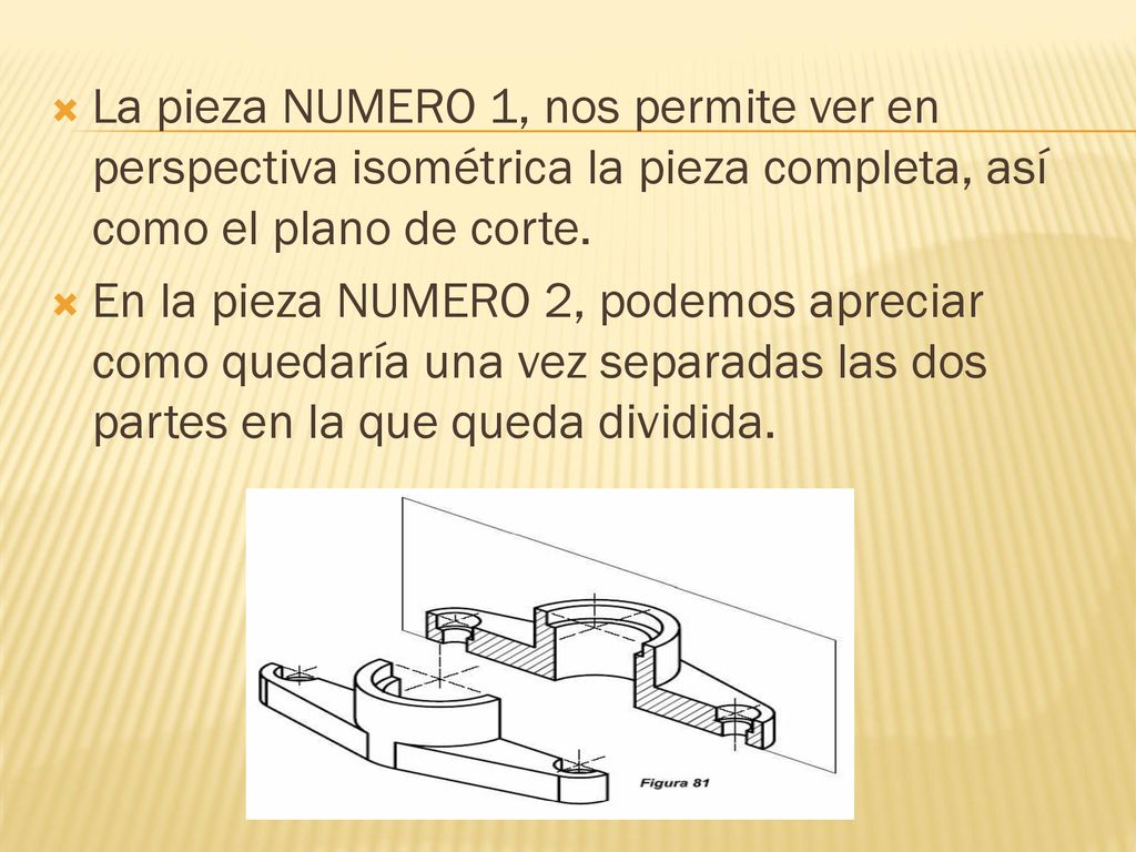 La pieza NUMERO 1, nos permite ver en perspectiva isométrica la pieza completa, así como el plano de corte.