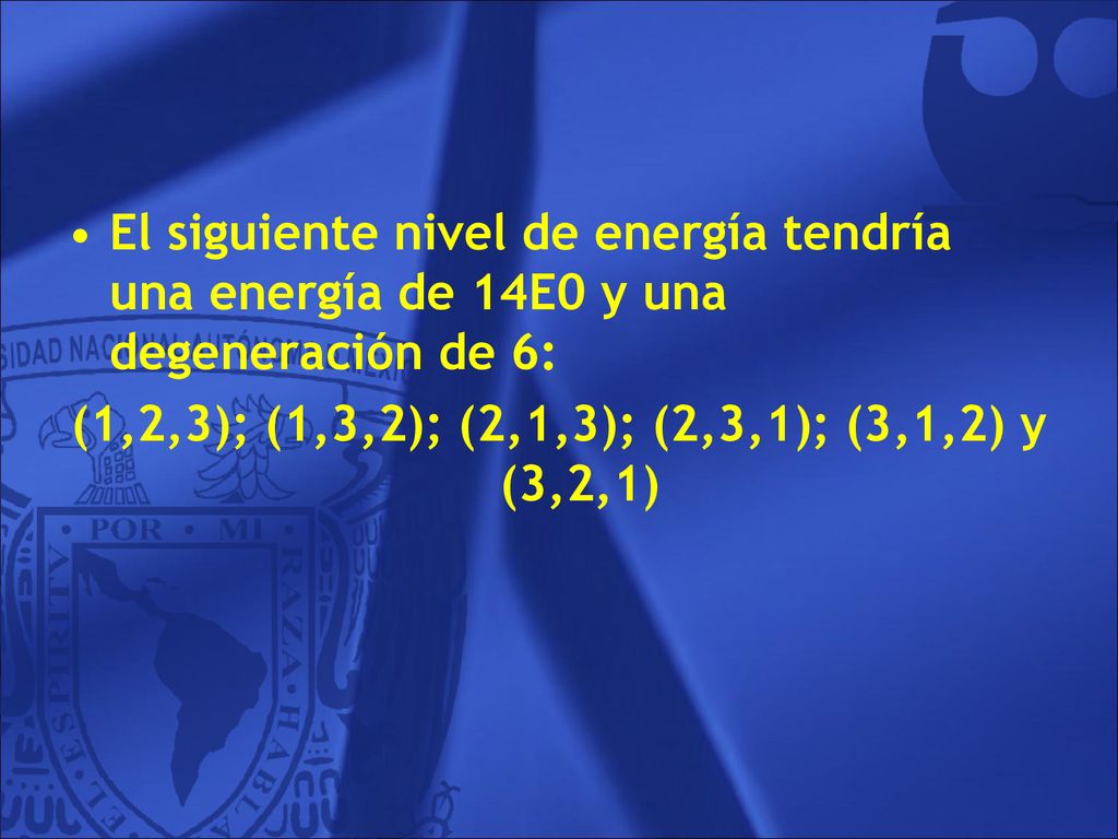 El siguiente nivel de energía tendría una energía de 14E0 y una degeneración de 6: