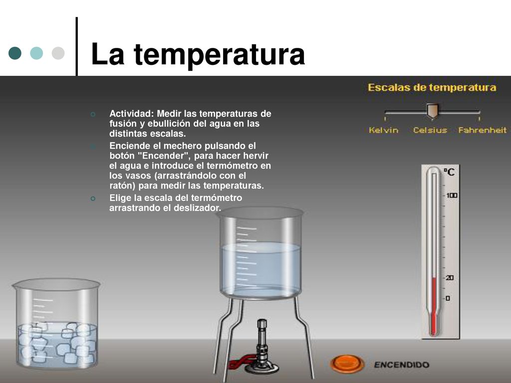 La temperatura Actividad: Medir las temperaturas de fusión y ebullición del agua en las distintas escalas.