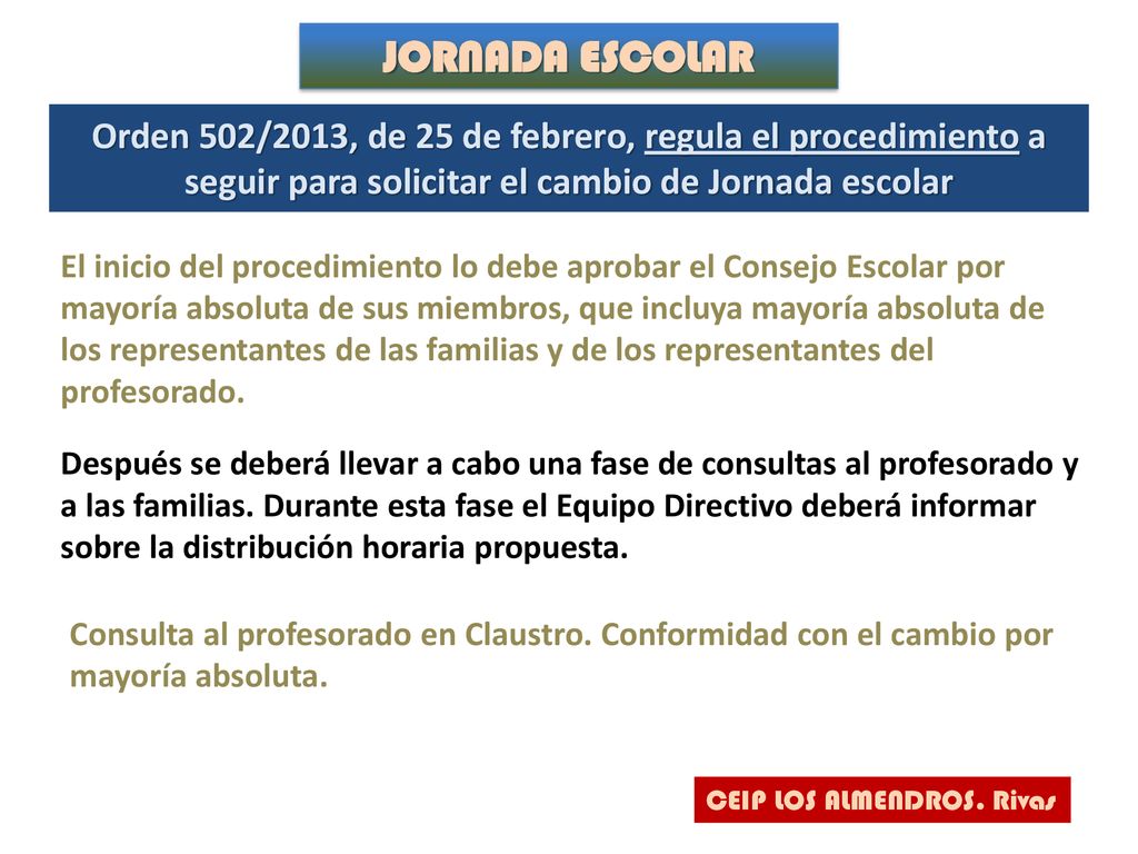 JORNADA ESCOLAR Orden 502/2013, de 25 de febrero, regula el procedimiento a seguir para solicitar el cambio de Jornada escolar.