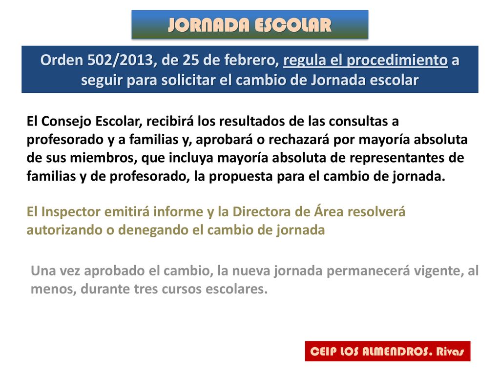 JORNADA ESCOLAR Orden 502/2013, de 25 de febrero, regula el procedimiento a seguir para solicitar el cambio de Jornada escolar.