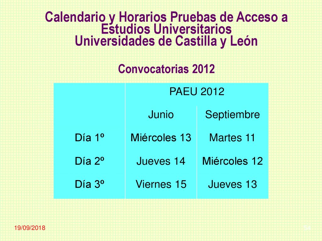 Calendario y Horarios Pruebas de Acceso a Estudios Universitarios Universidades de Castilla y León Convocatorias 2012