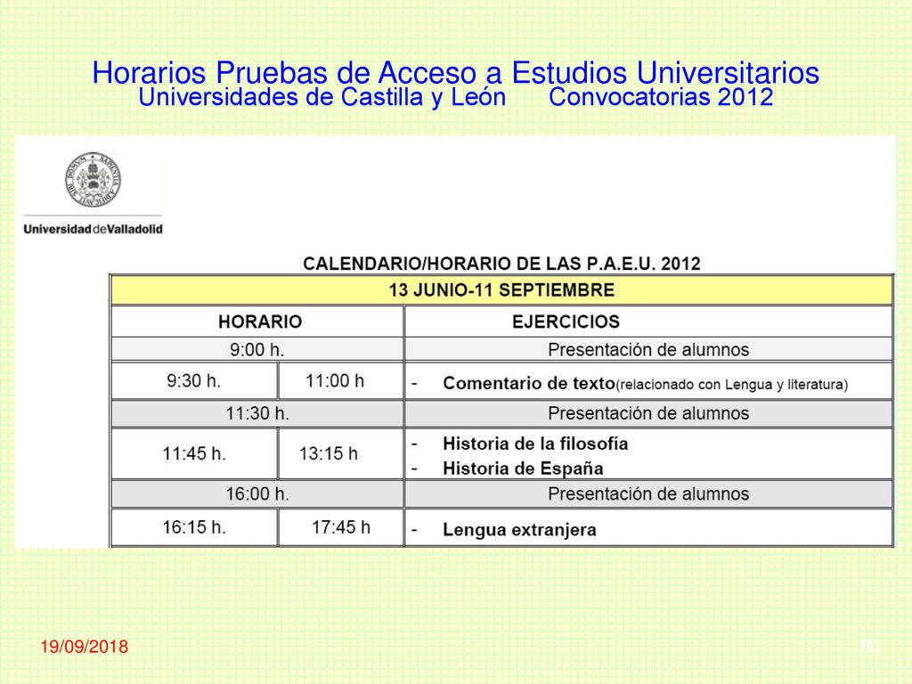 Horarios Pruebas de Acceso a Estudios Universitarios Universidades de Castilla y León Convocatorias 2012