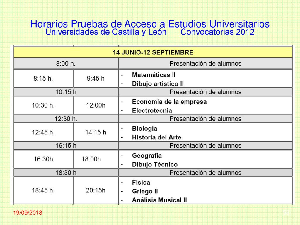Horarios Pruebas de Acceso a Estudios Universitarios Universidades de Castilla y León Convocatorias 2012