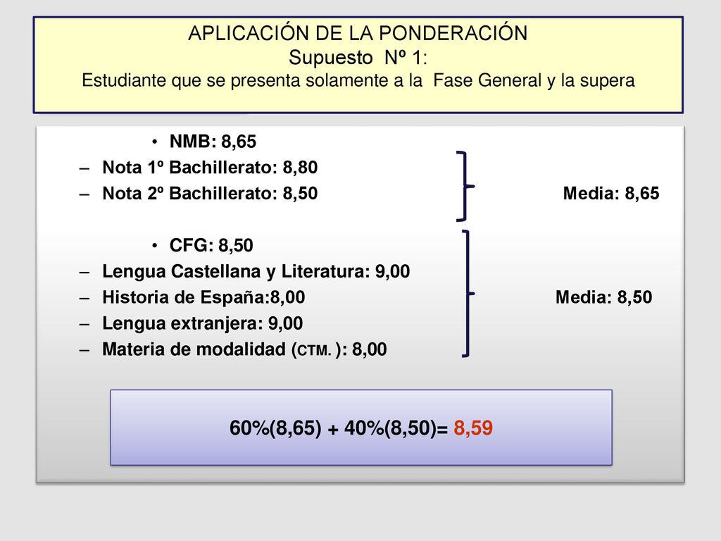 APLICACIÓN DE LA PONDERACIÓN Supuesto Nº 1: Estudiante que se presenta solamente a la Fase General y la supera